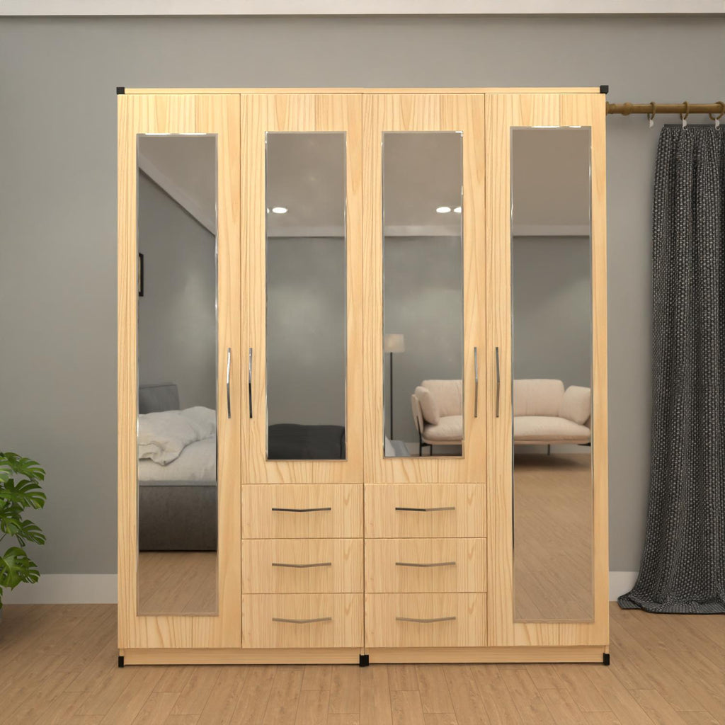 Oak 4 door mirrored combi wardrobe with 6 drawers