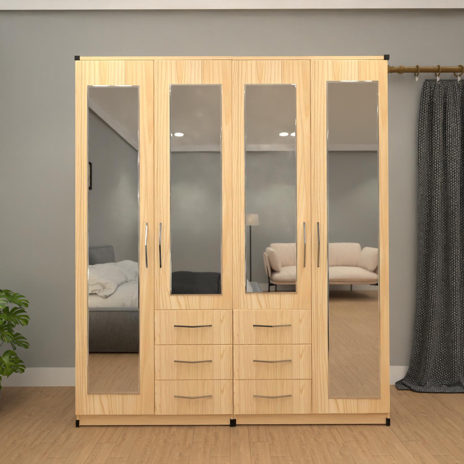 Oak 4 door mirrored combi wardrobe with 6 drawers