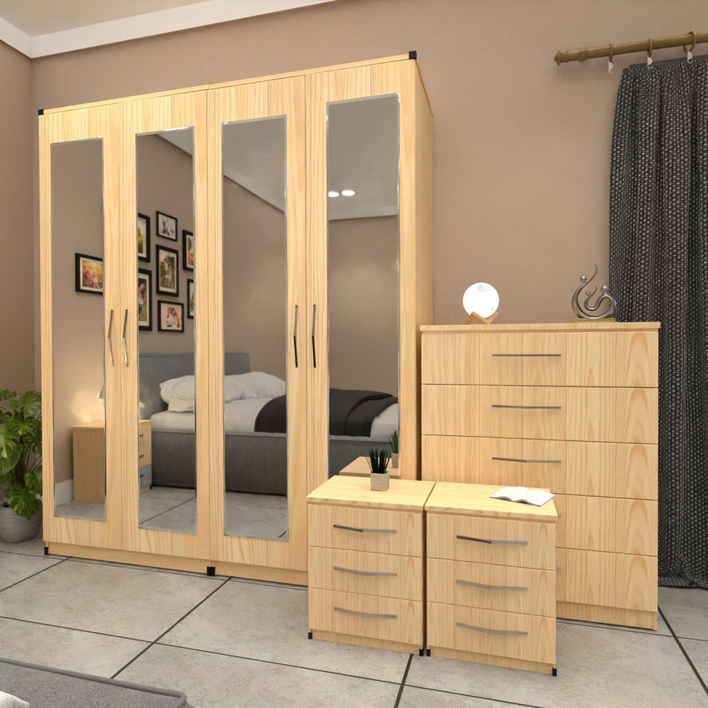 Oak 4 door mirrored wardrobe bedroom furniture set with bedside tables and chest of drawers