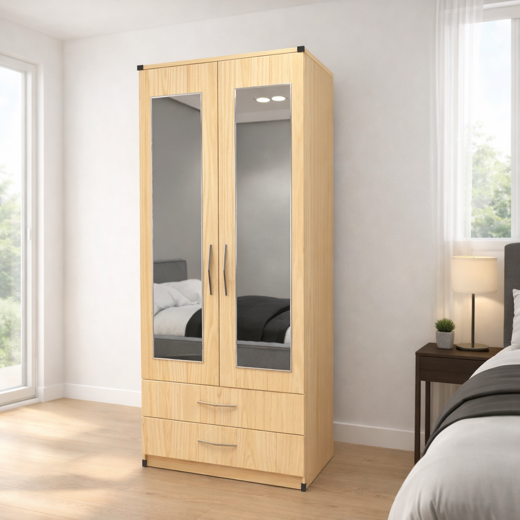 Oak finish 2 door mirrored wardrobe with drawer storage