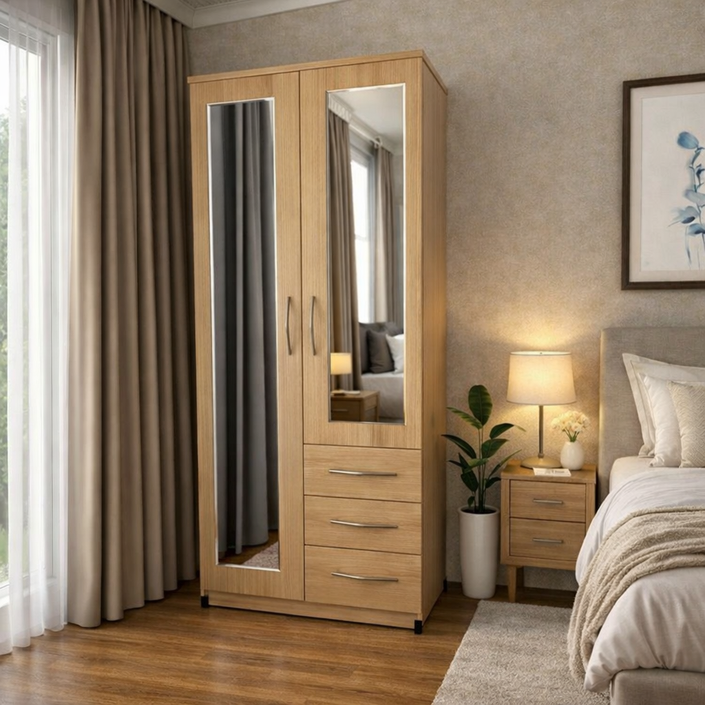 Oak modern combi wardrobe with side drawers for bedroom storage