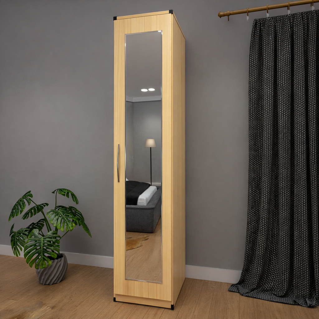 Oak slim mirrored wardrobe for compact bedroom interiors