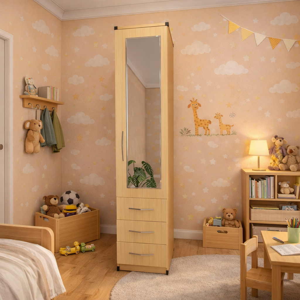 Oak slim single door mirrored wardrobe with storage drawers