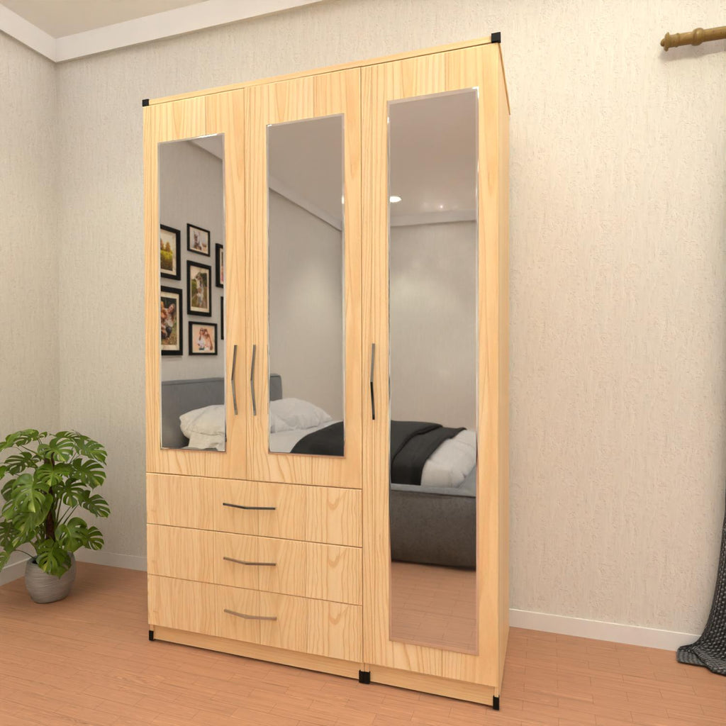 Oak 3 door wardrobe with 3 storage drawers for modern bedroom