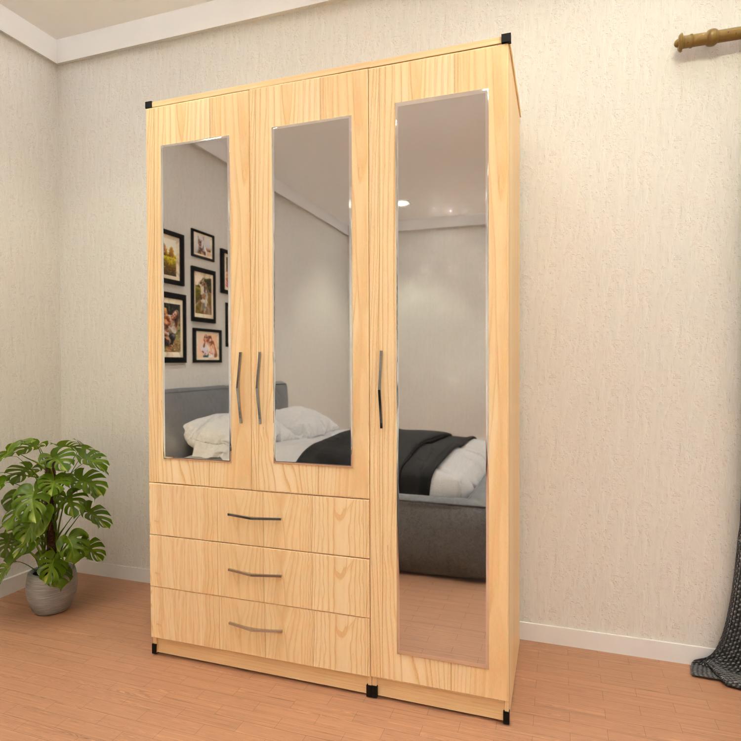 Oak 3 door wardrobe with 3 storage drawers for modern bedroom