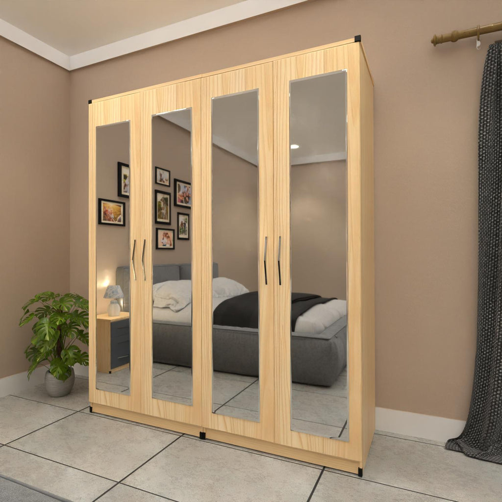 Oak 4 door mirrored wardrobe with spacious bedroom storage