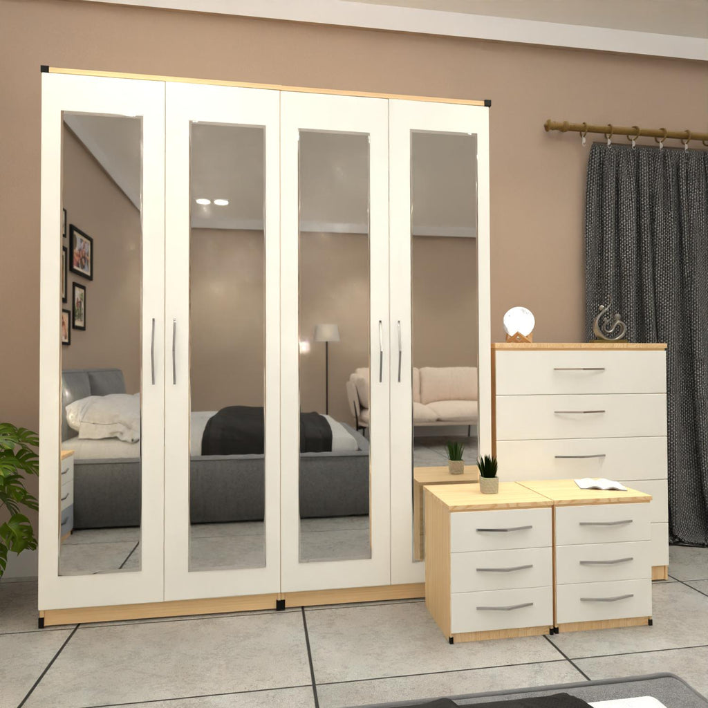 White and oak 4 door mirrored wardrobe furniture set with 2 bedside cabinets and chest drawers