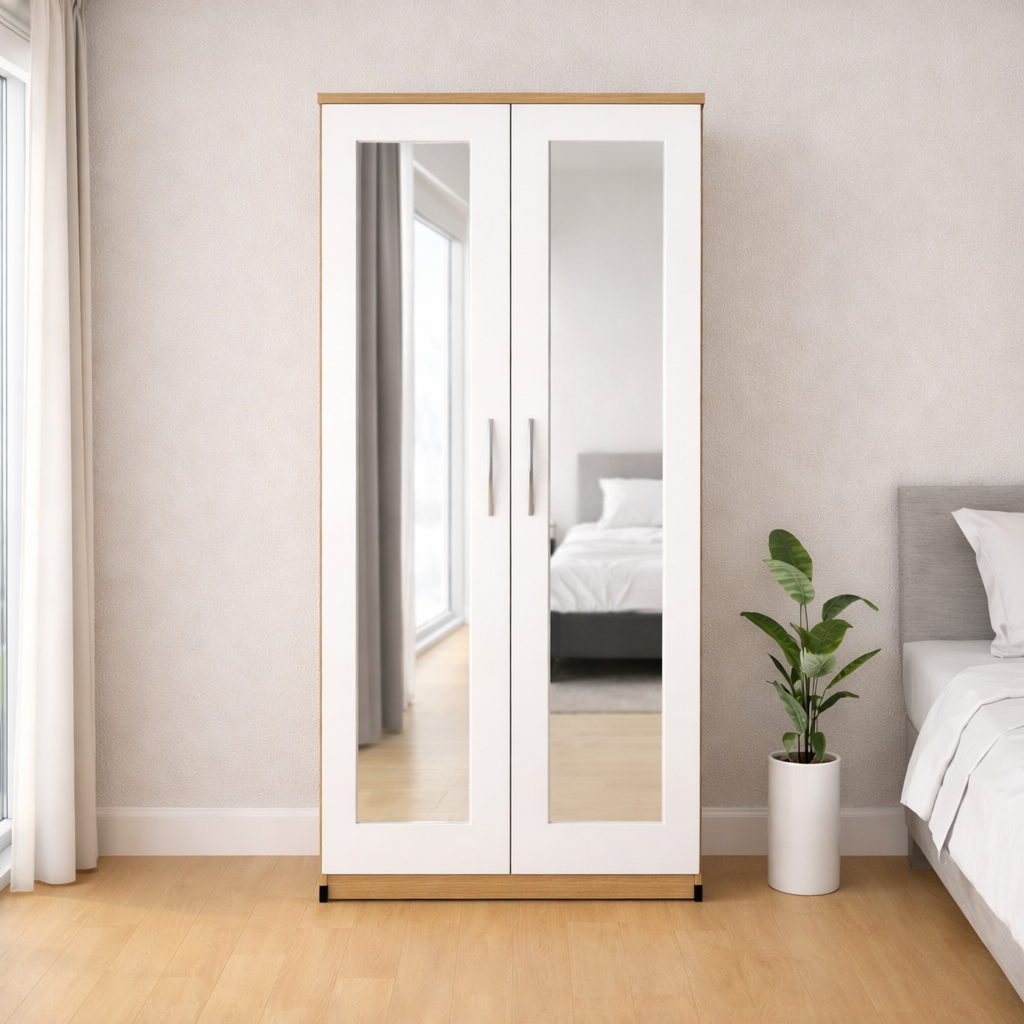 Oak & White  2 door wardrobe storage cabinet with minimalist modern design