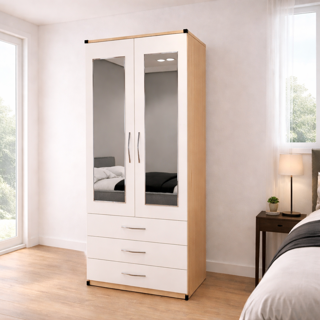 Oak & White 2 door mirrored wardrobe with 3 storage drawers