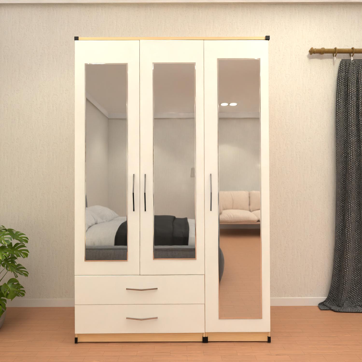 Oak  & White 3 door mirrored wardrobe with storage drawers