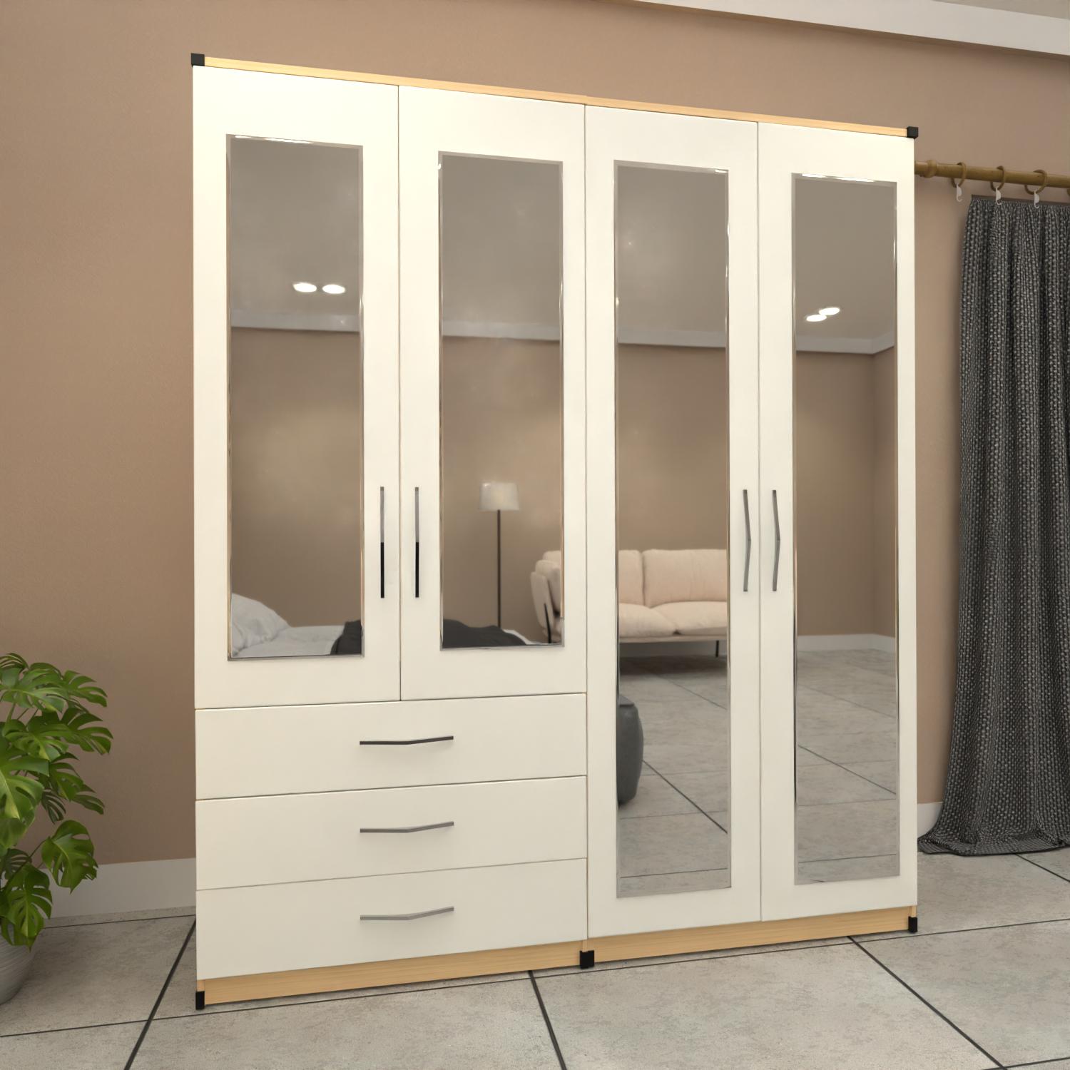 Oak  & White  4 door mirrored wardrobe with spacious drawer storage
