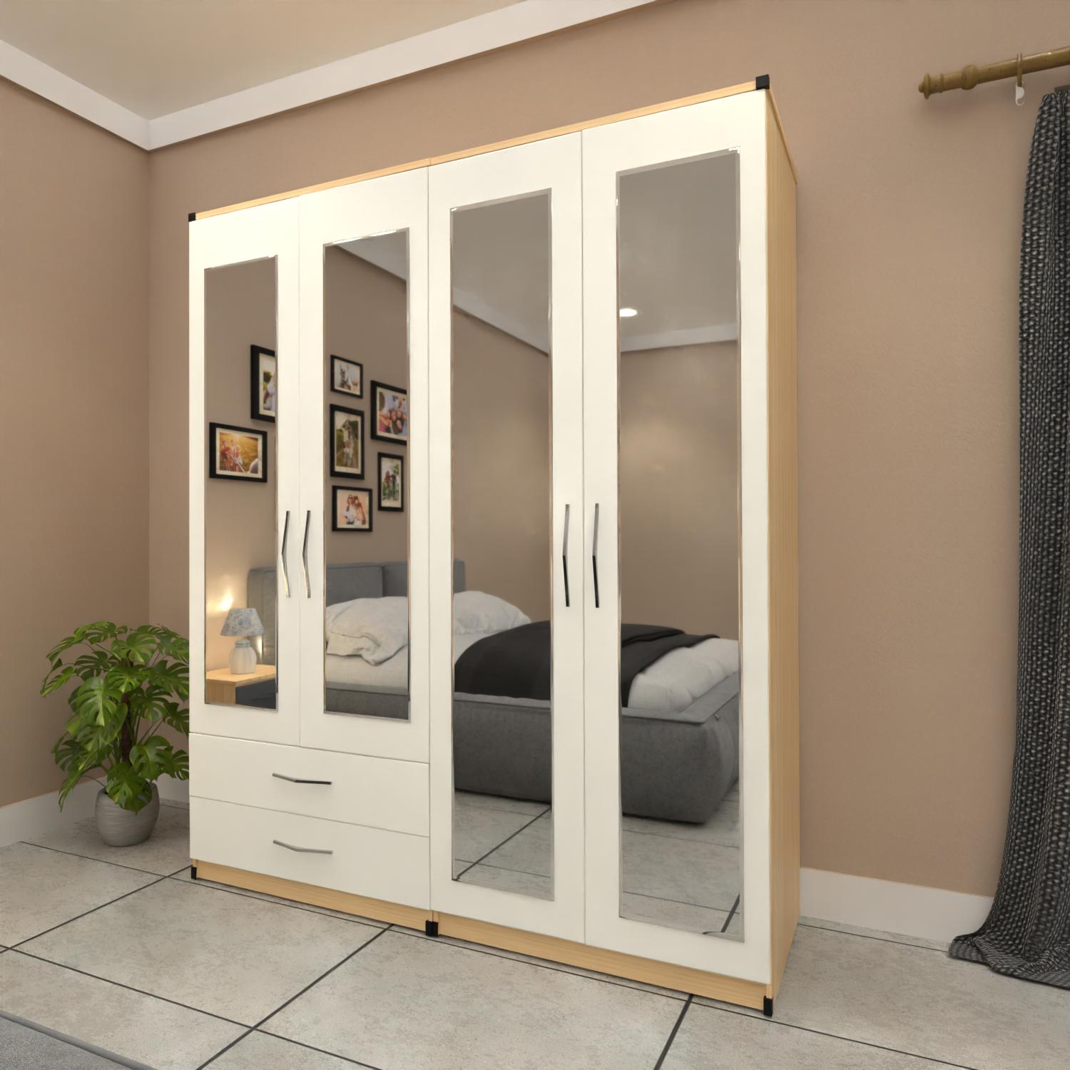 Oak & White  4 door mirrored wardrobe furniture set with storage drawers