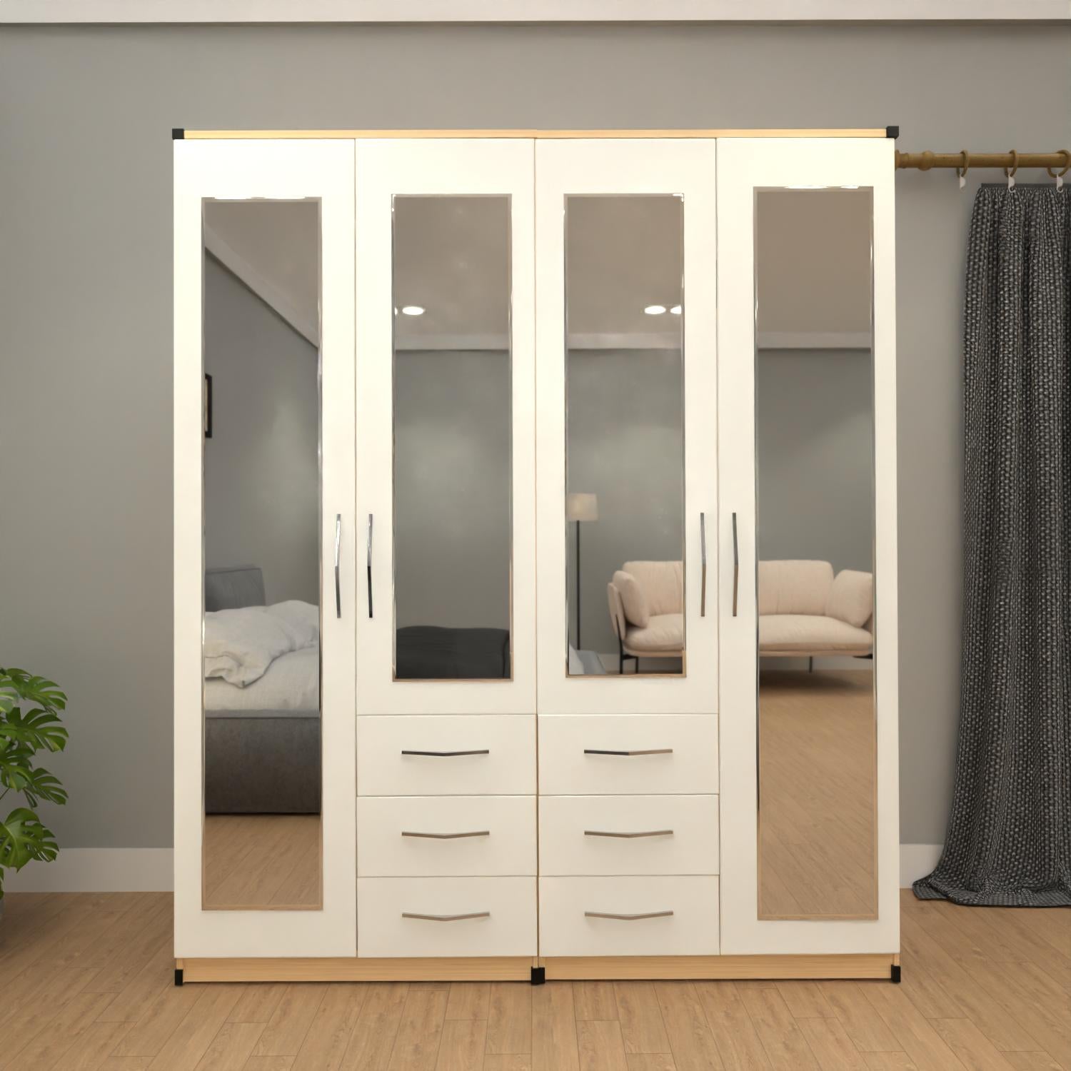 Oak & White 4 door mirrored combi wardrobe with 6 drawers