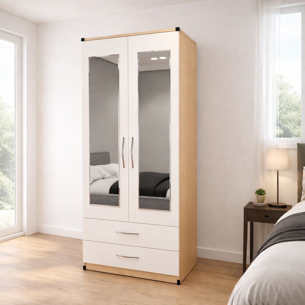 Oak & White  finish 2 door mirrored wardrobe with drawer storage