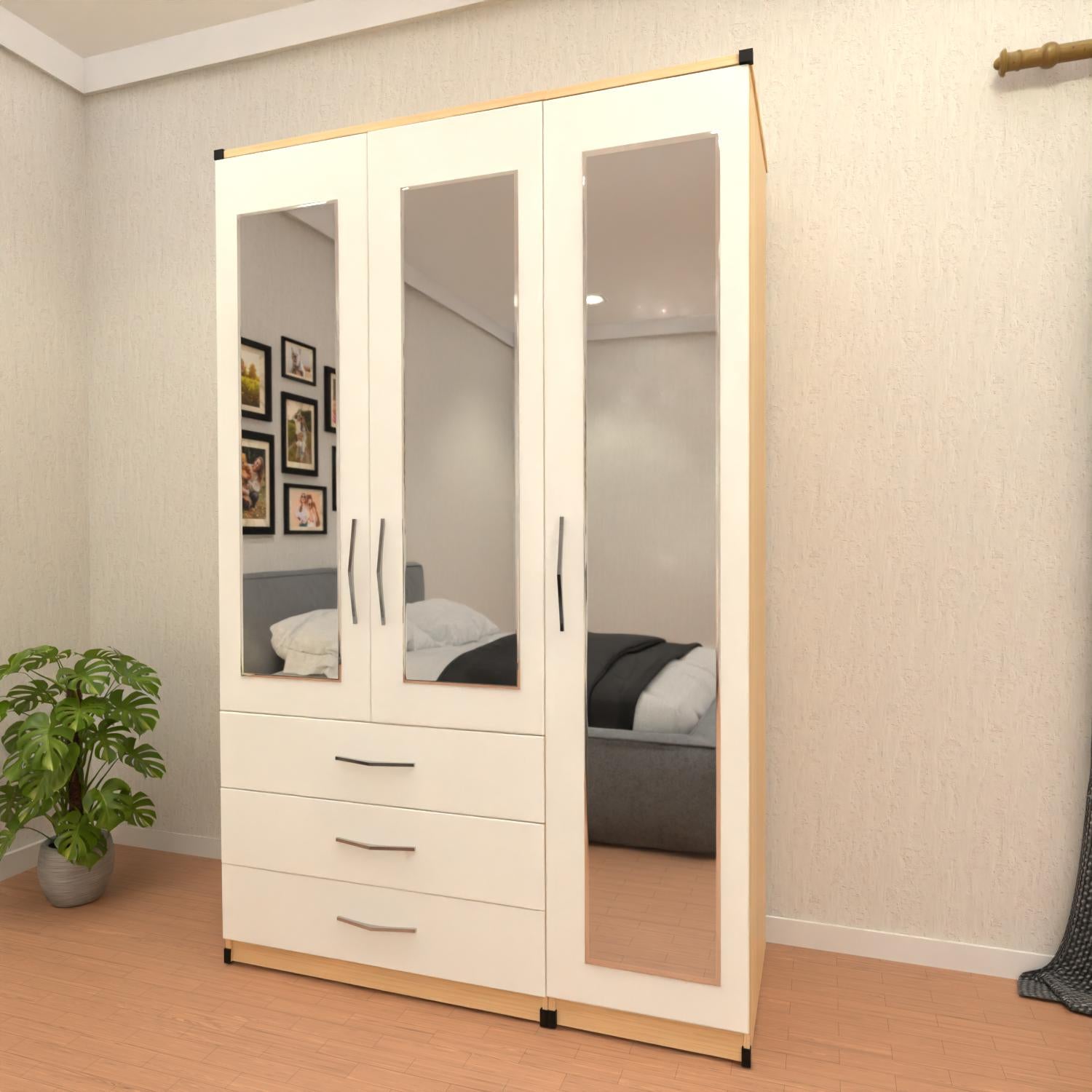 Oak & White  3 door wardrobe with spacious drawer storage