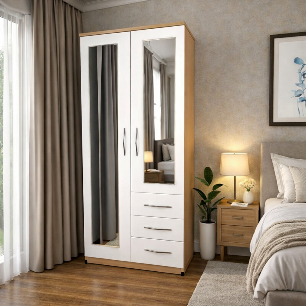Oak & White  modern combi wardrobe with side drawers for bedroom storage