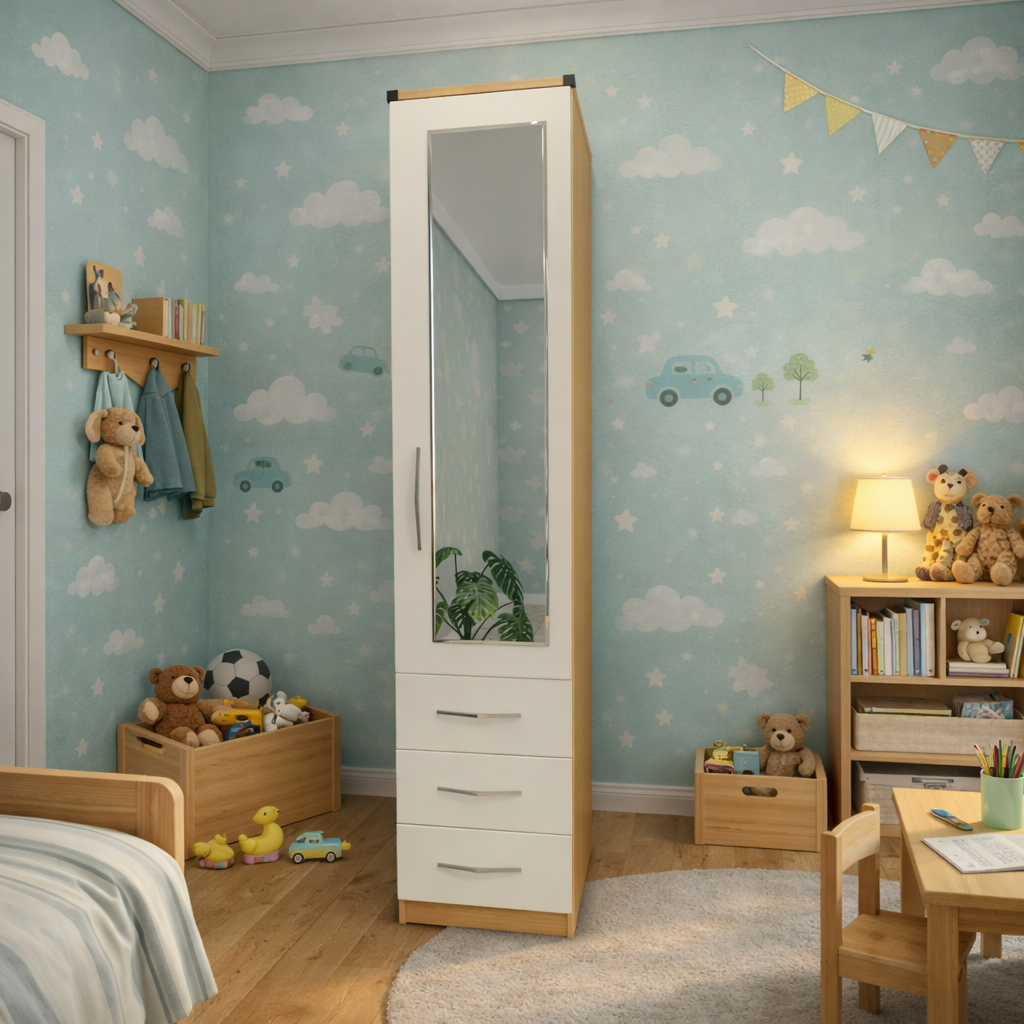 Oak & White slim single door mirrored wardrobe with storage drawers