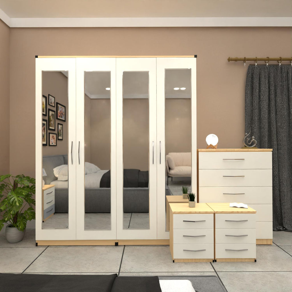 Oak & White 4 door mirrored wardrobe bedroom furniture set with bedside tables and chest of drawers