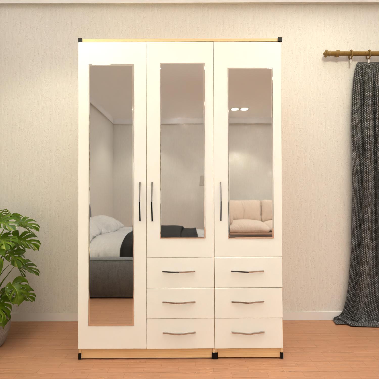 Oak  & White 3 door mirrored combi wardrobe with drawer storage