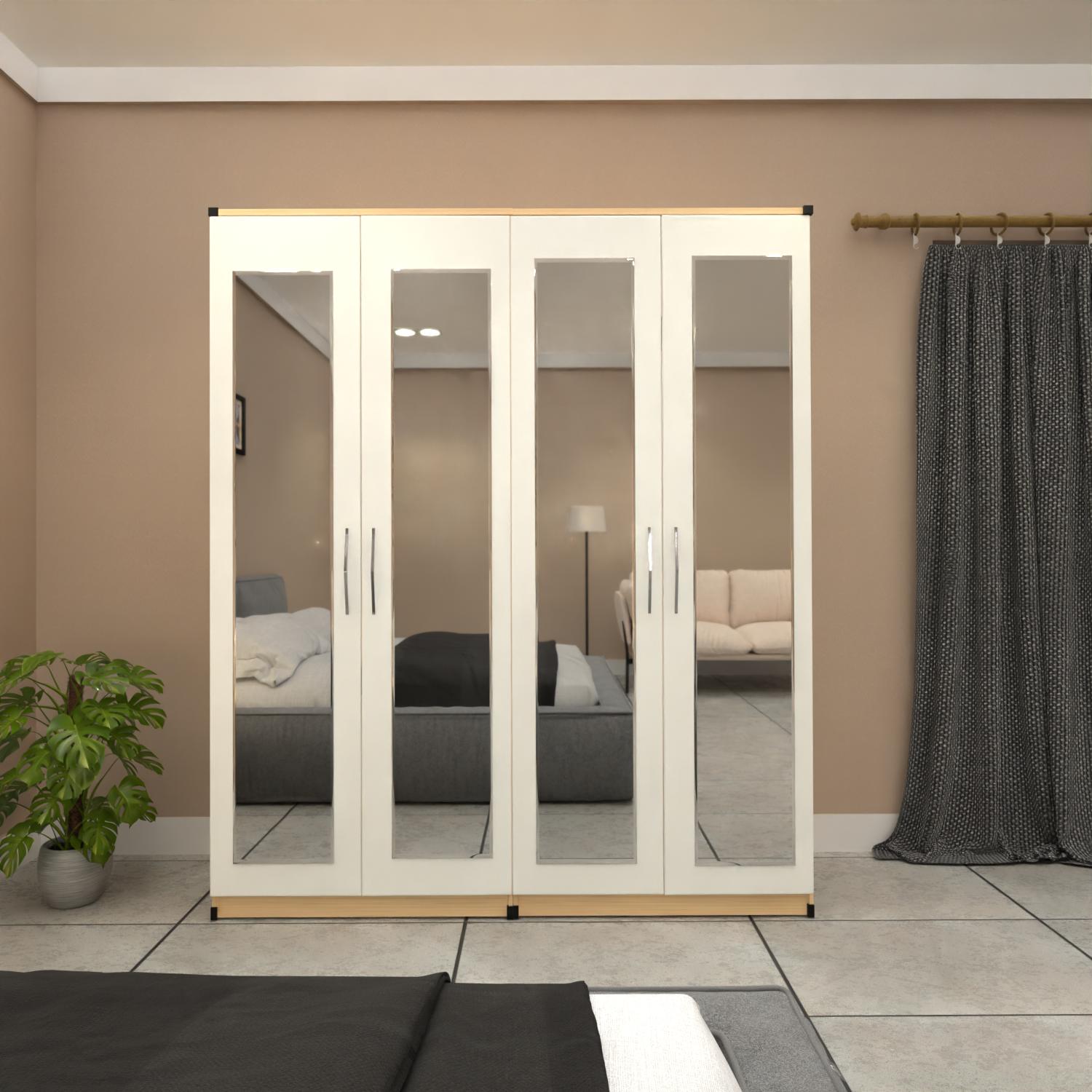 Oak & White 4 door mirrored wardrobe with spacious bedroom storage