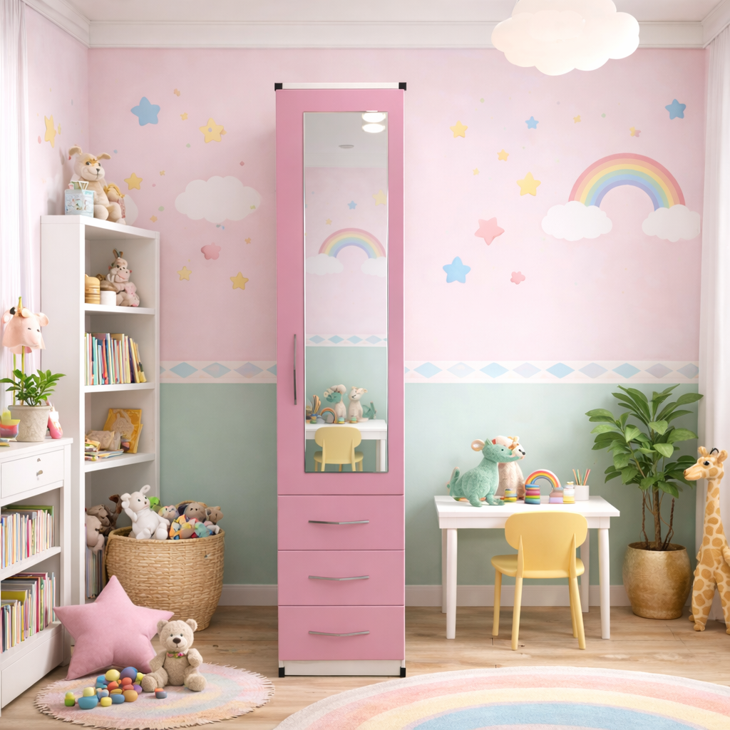 Pink & White compact 1 door mirrored wardrobe with 3 drawers for kids bedroom storage
