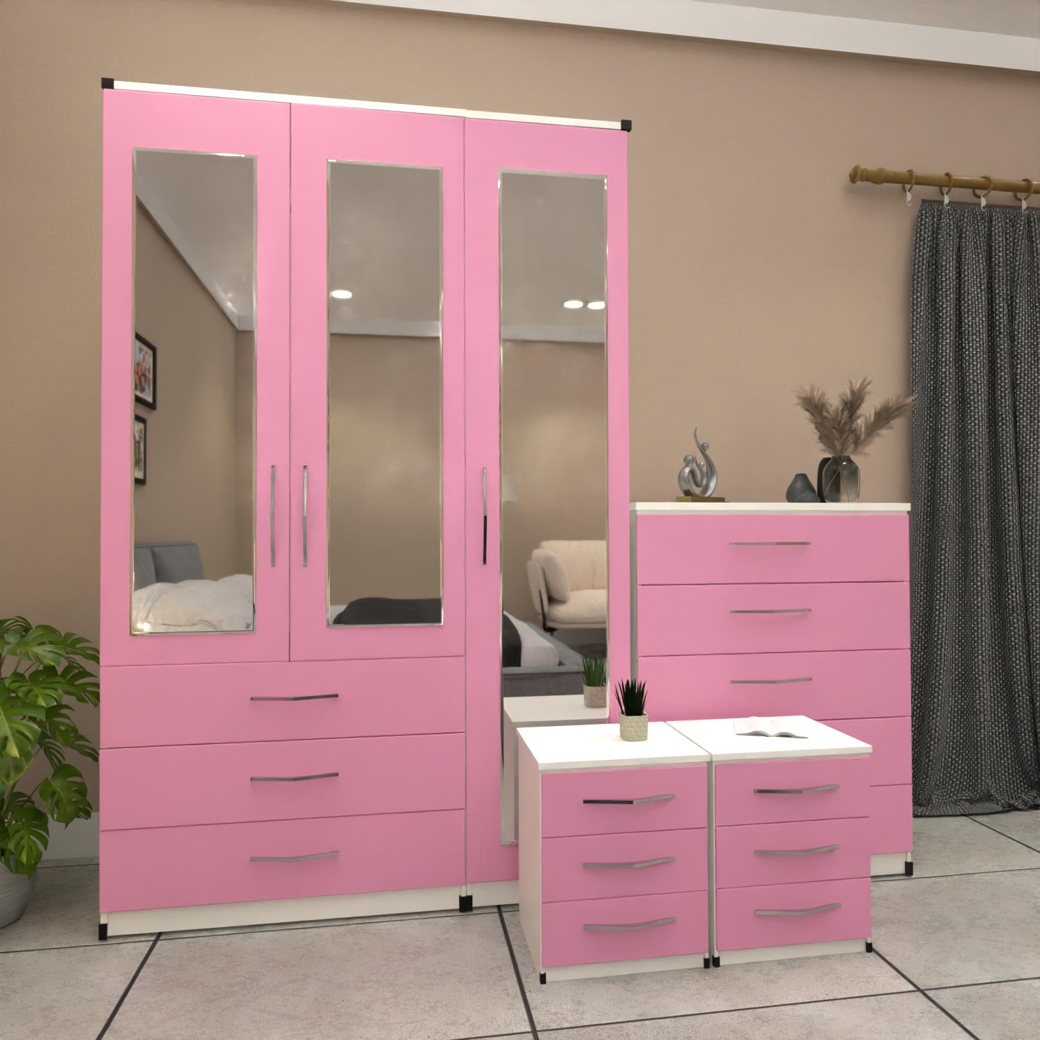 Pink & White 3 door mirrored wardrobe bedroom furniture set with bedside tables and chest of drawers