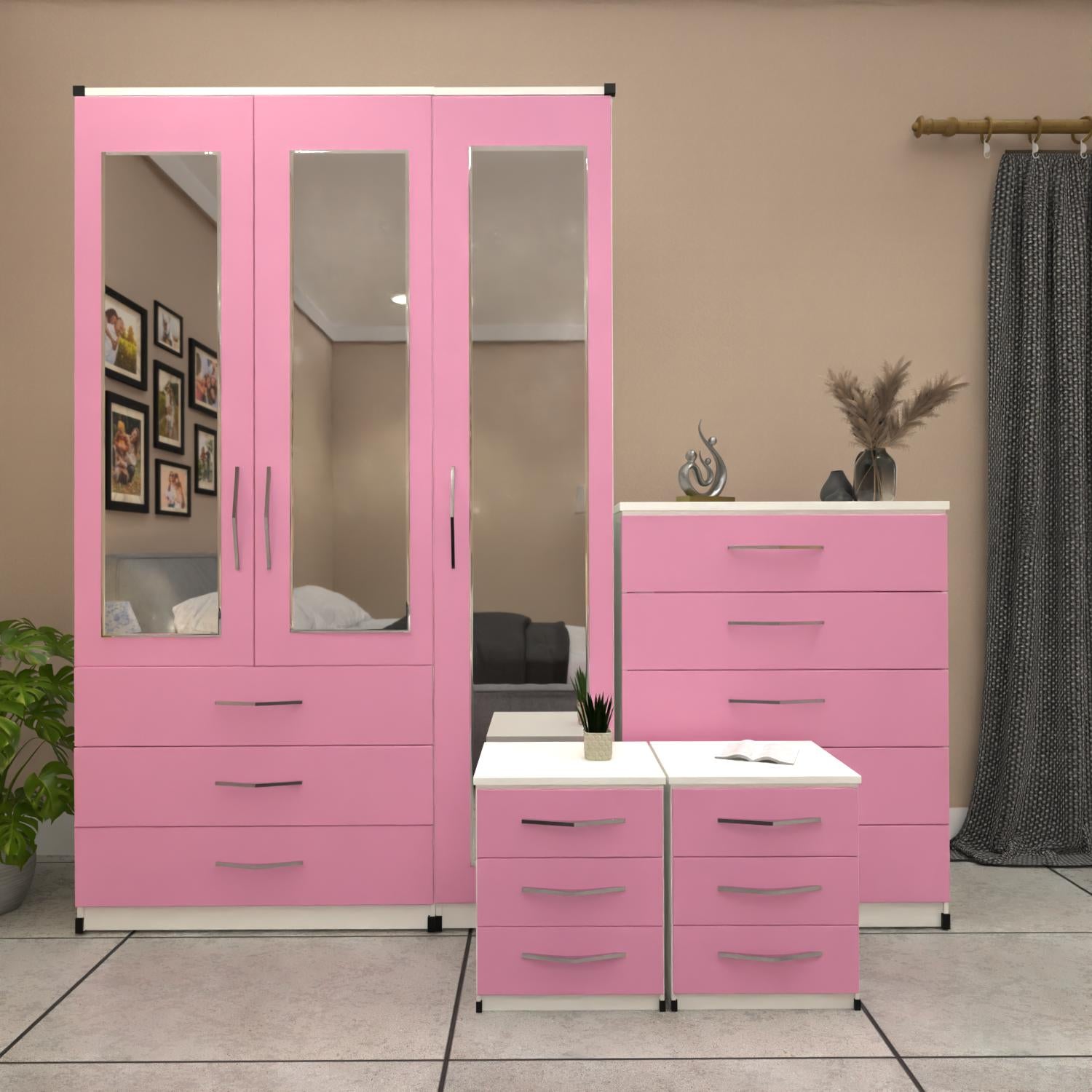 Pink  white 3 door mirrored wardrobe bedroom furniture set with bedside tables and chest of drawers