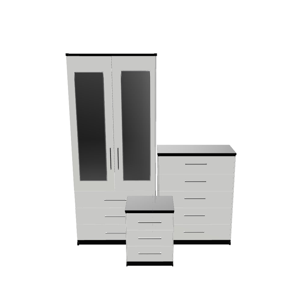Interactive 3D model of 2 door mirrored wardrobe set with 3 drawers and mirrored doors