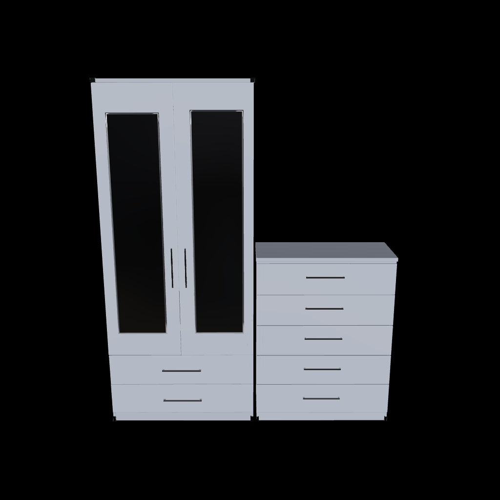 Interactive 3D model of 2 door mirrored wardrobe set with 5 drawer chest