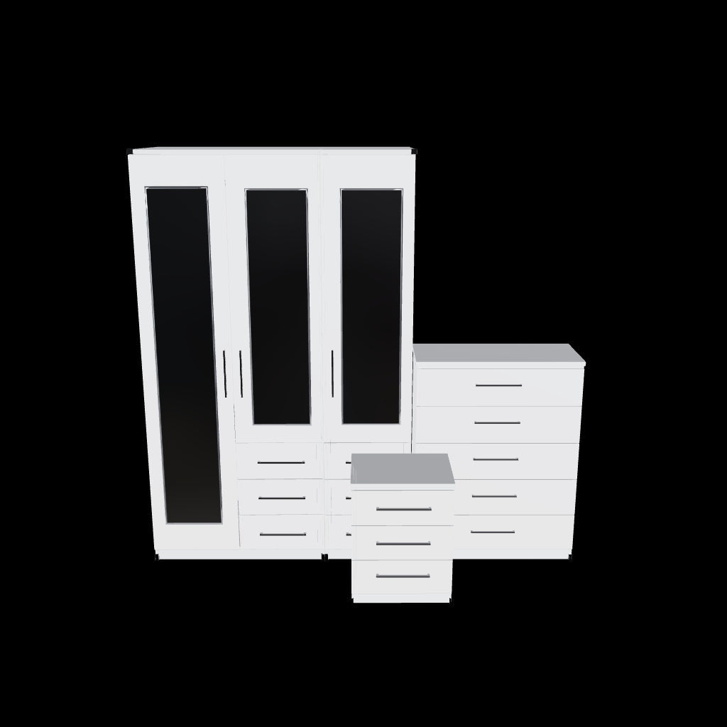 Interactive 3D model of 3 door mirrored combi wardrobe set with storage drawers