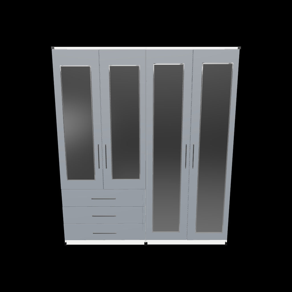 Interactive 3D model of 4 door mirrored wardrobe with 3 drawers