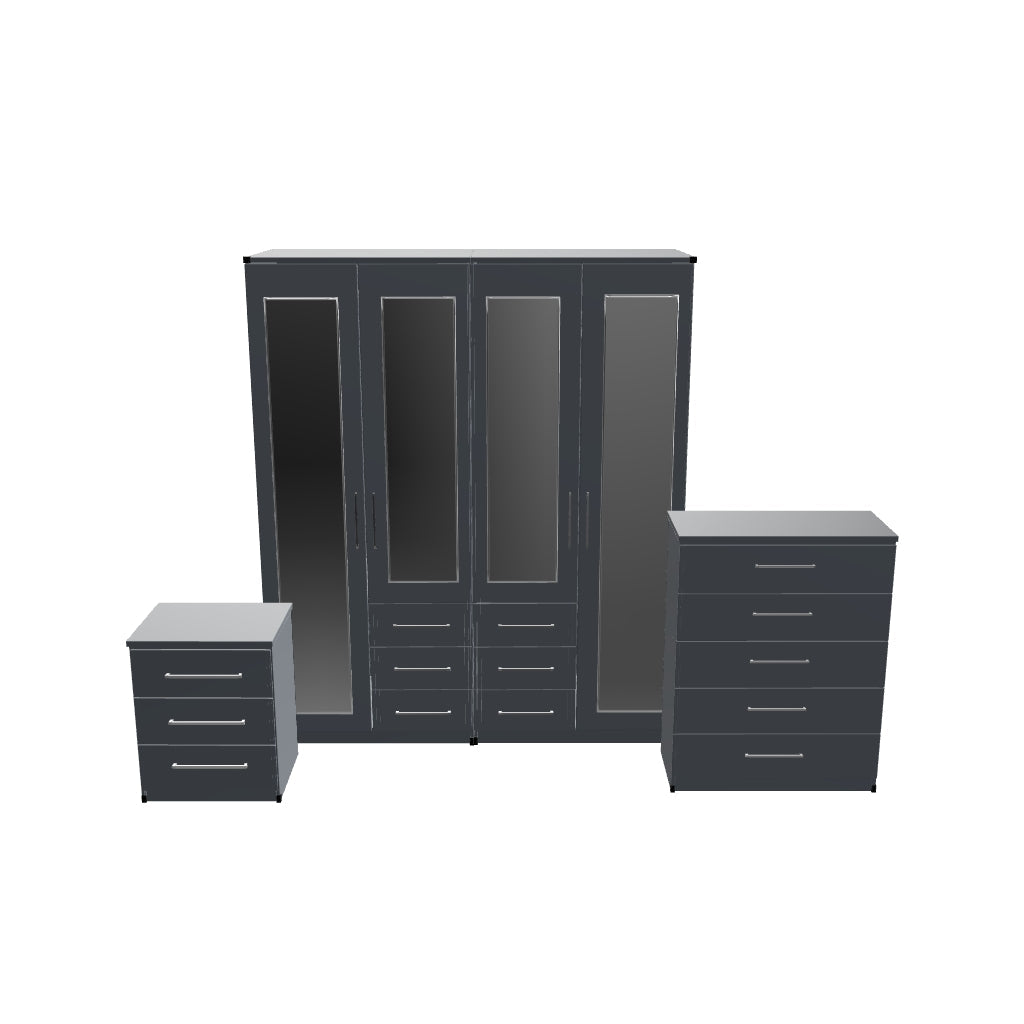 Interactive 3D model of 4 door mirrored combi wardrobe bedroom furniture set