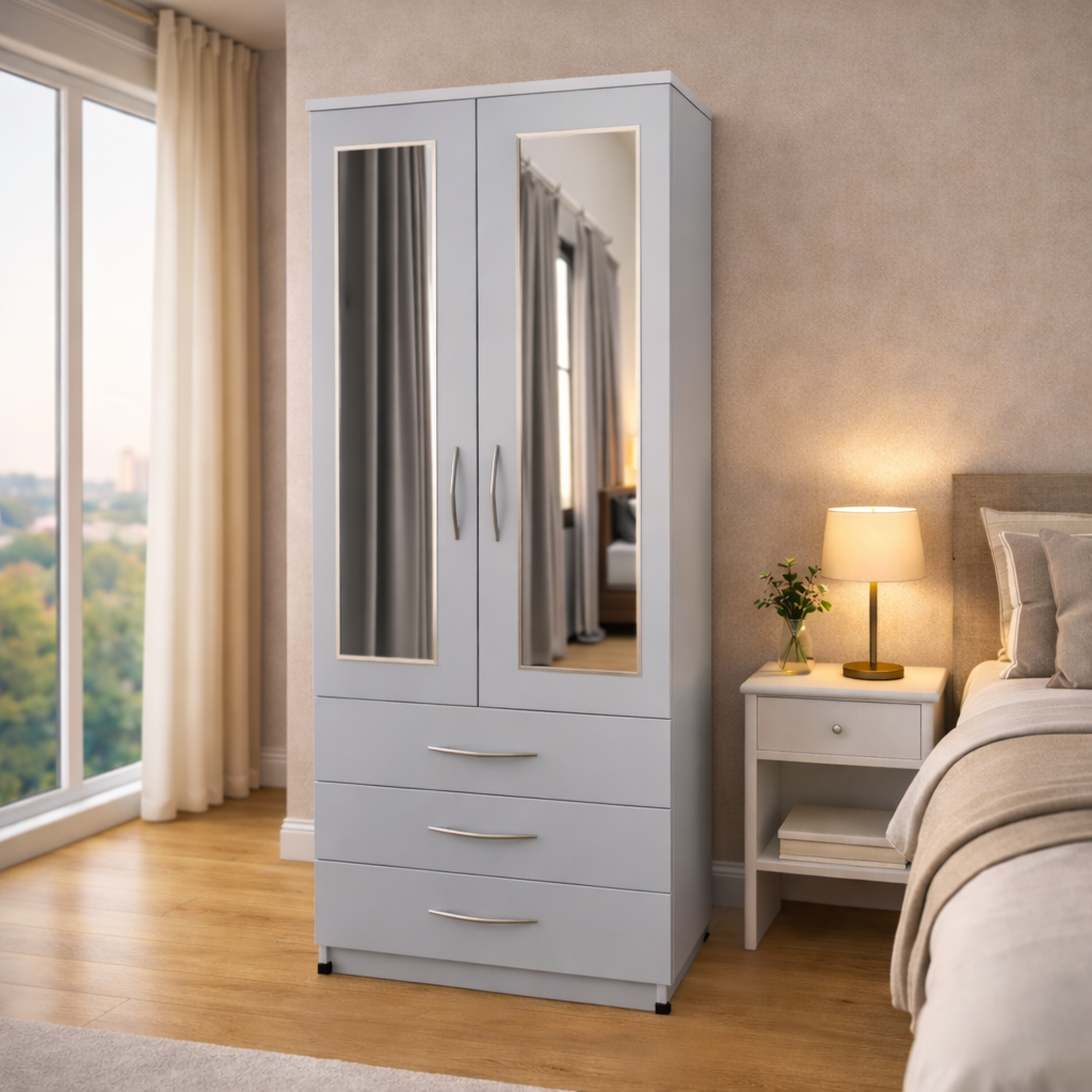 silver  2 door mirrored wardrobe with 3 storage drawers