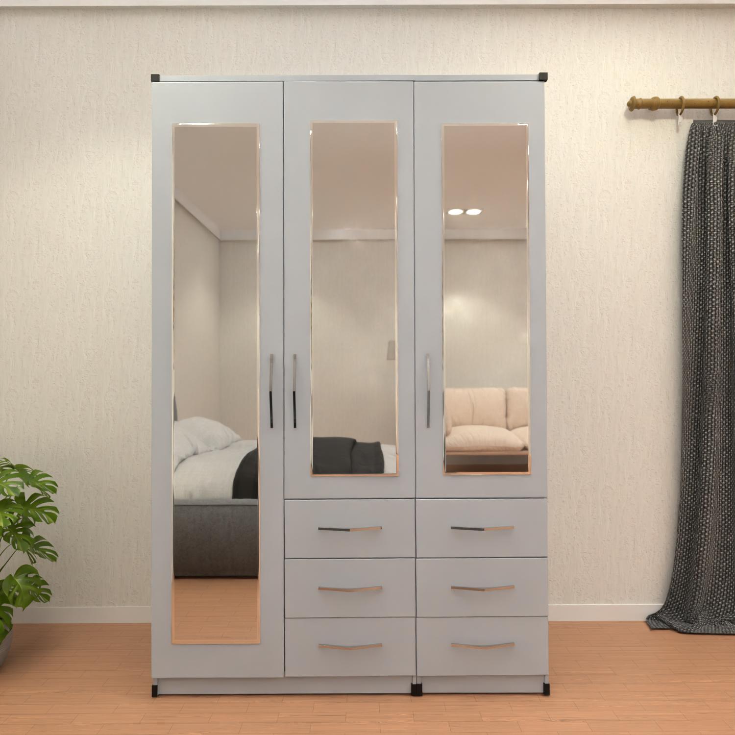 Silver 3 door mirrored combi wardrobe with drawer storage
