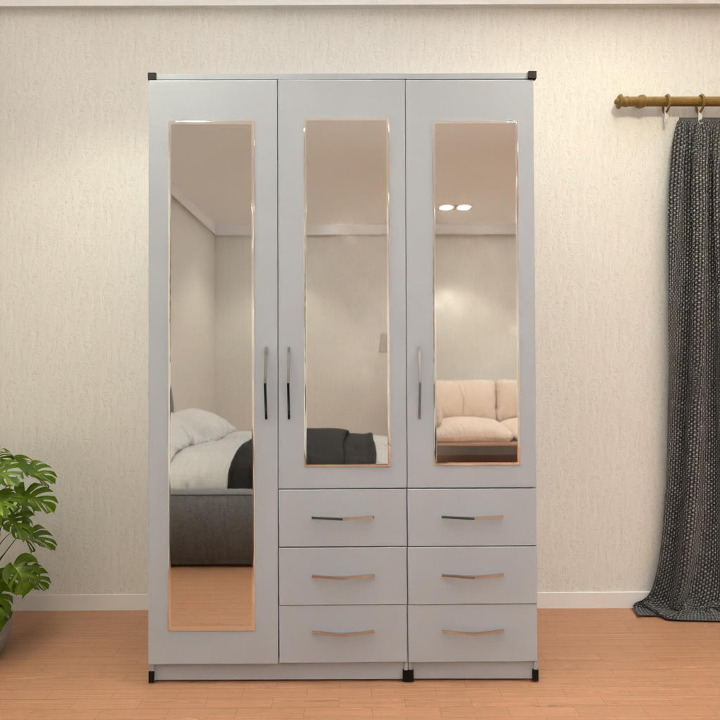 Silver 3 door mirrored combi wardrobe with 3 storage drawers