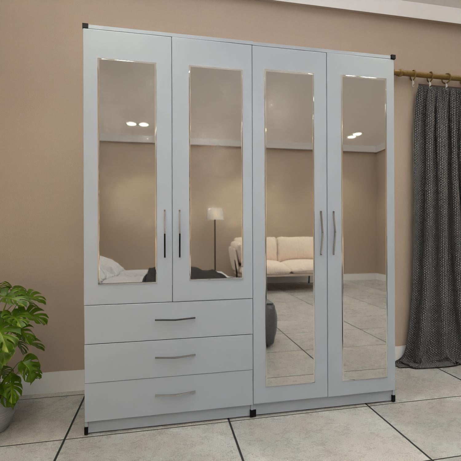 silver  4 door mirrored wardrobe with spacious drawer storage
