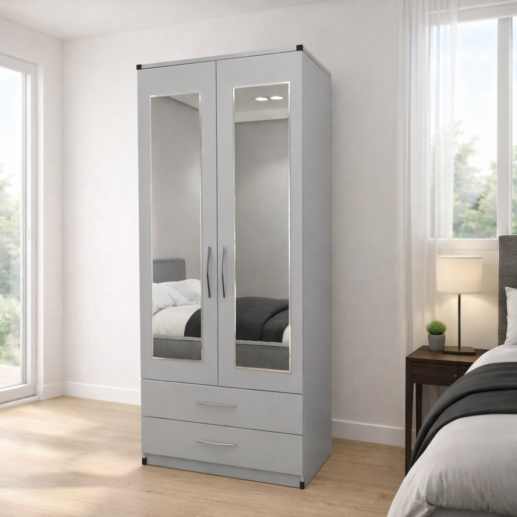 Silver finish 2 door mirrored wardrobe with drawer storage