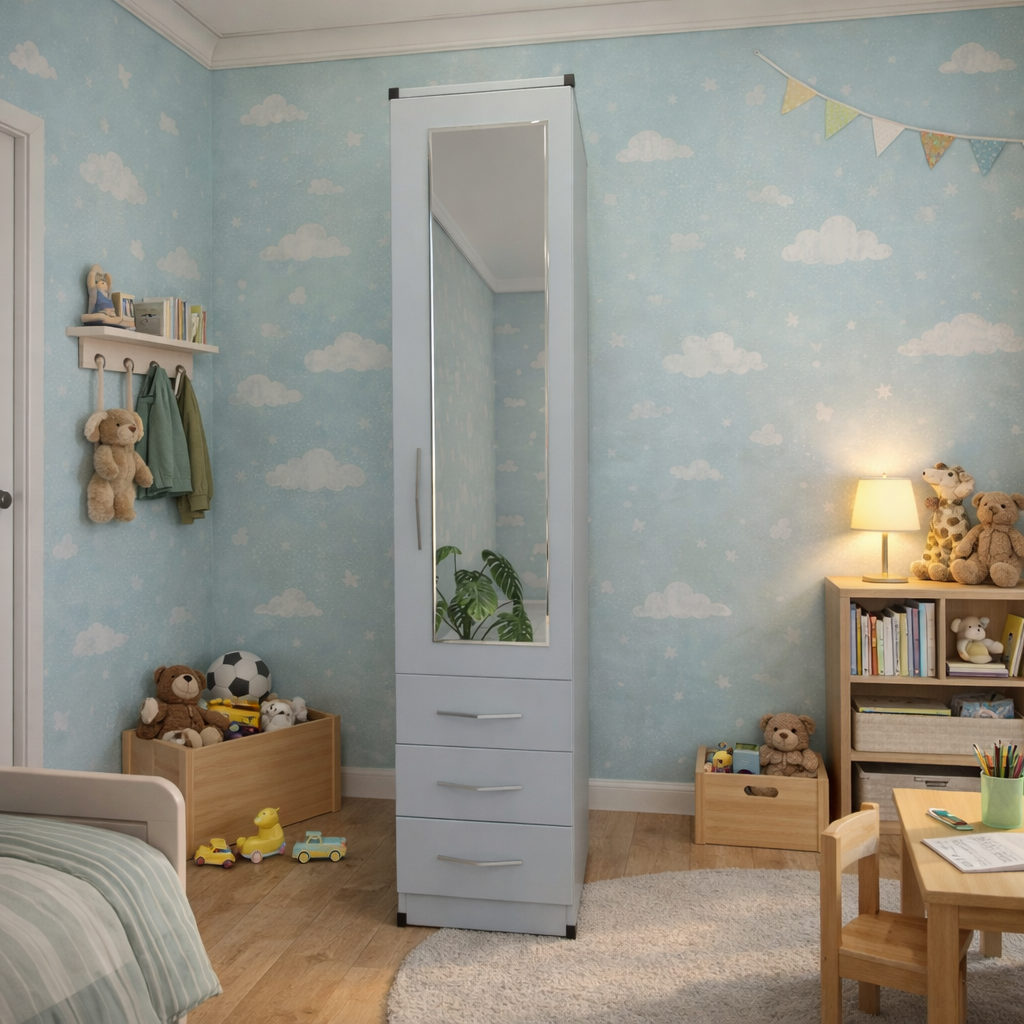 Silver slim single door mirrored wardrobe with storage drawers