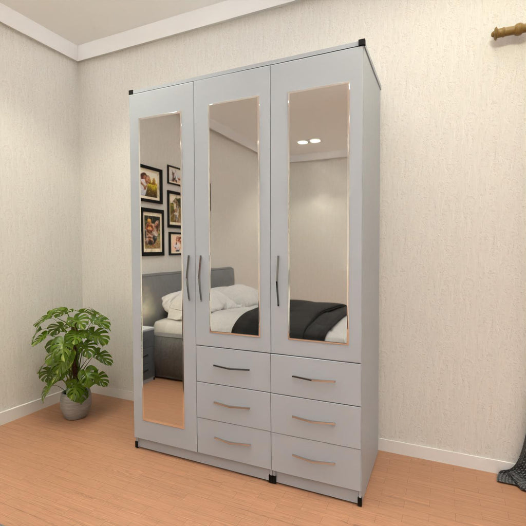 silver 3 door mirrored combi wardrobe with 3 storage drawers