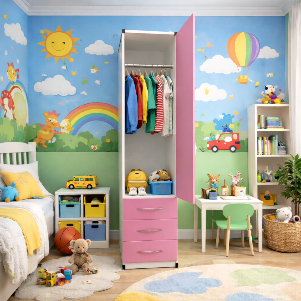 Inside guide for compact 1 door mirrored wardrobe with drawers