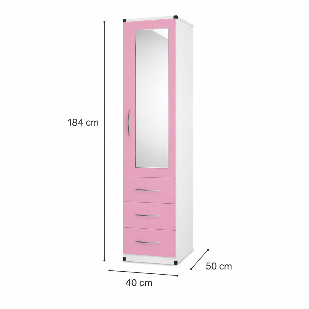 Dimensions guide for compact 1 door mirrored wardrobe with drawers