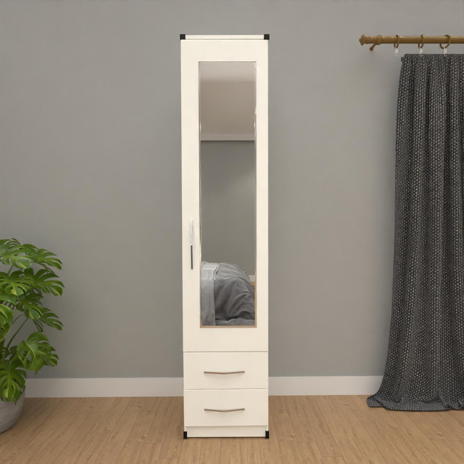 Slim white 1 door mirrored wardrobe with 2 storage drawers for compact bedrooms