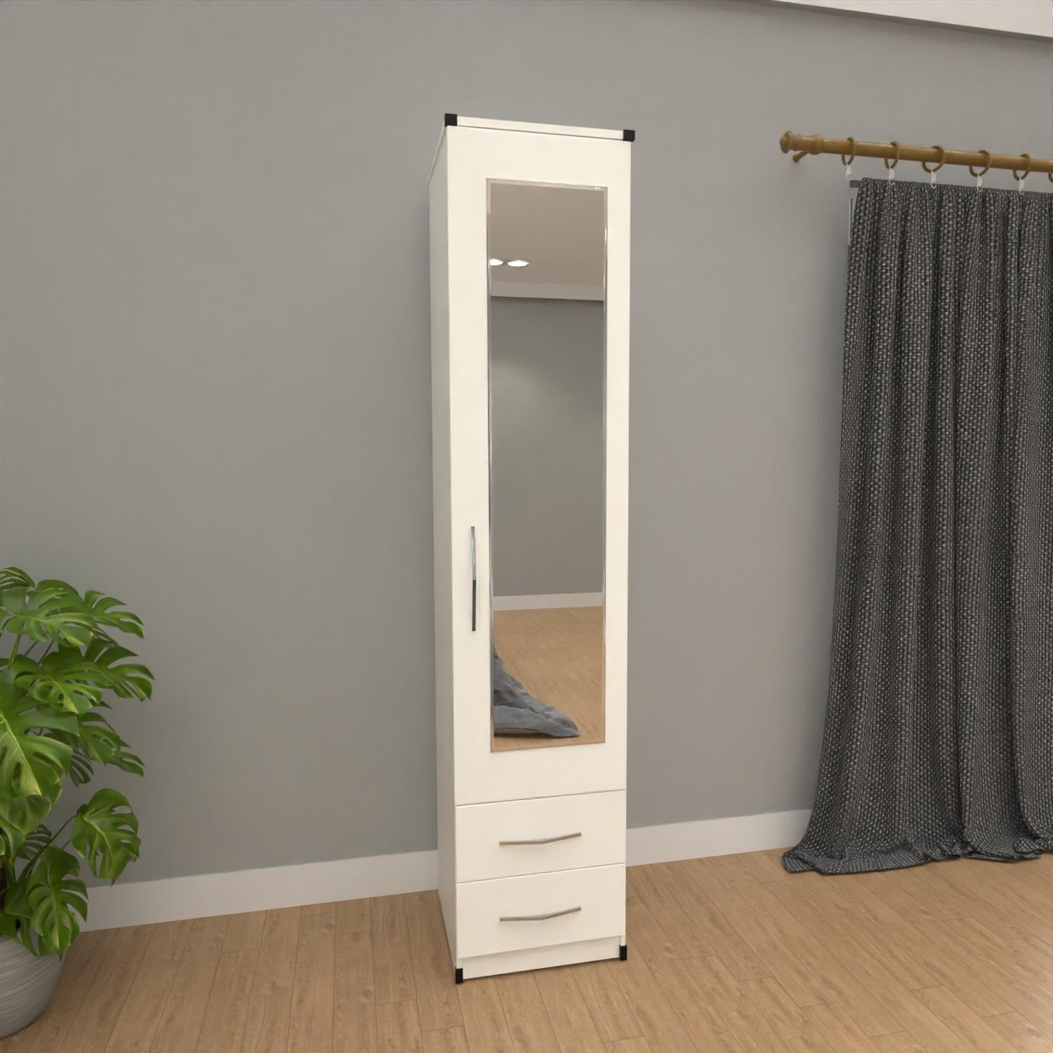 Slim white 1 door mirrored wardrobe with 2 storage drawers for compact bedrooms