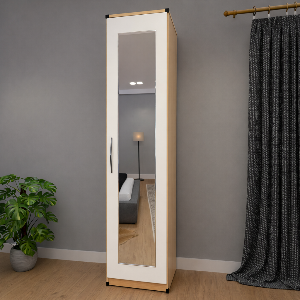 Slim single door mirrored wardrobe for compact bedroom storage