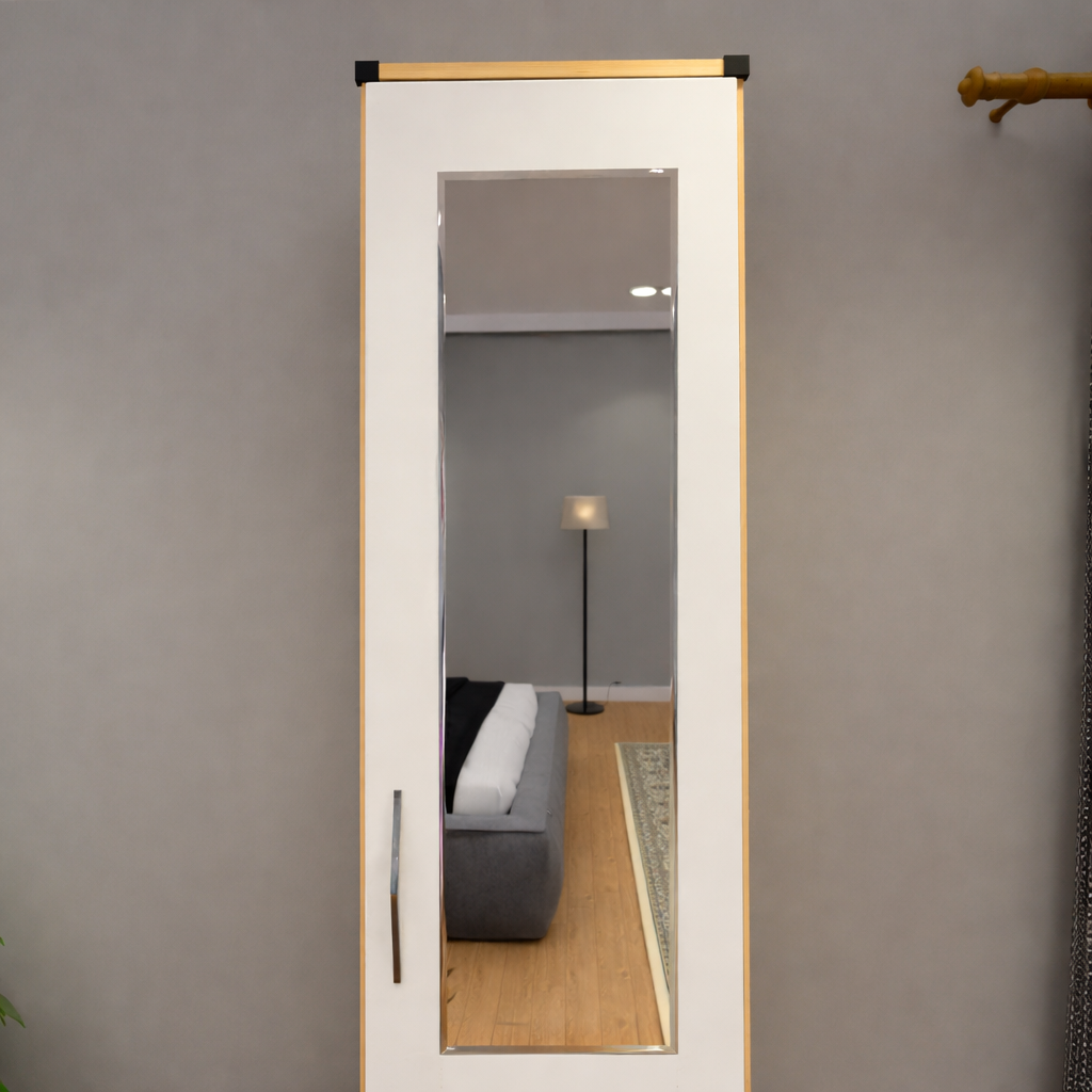 Slim single door mirrored wardrobe for compact bedroom storage
