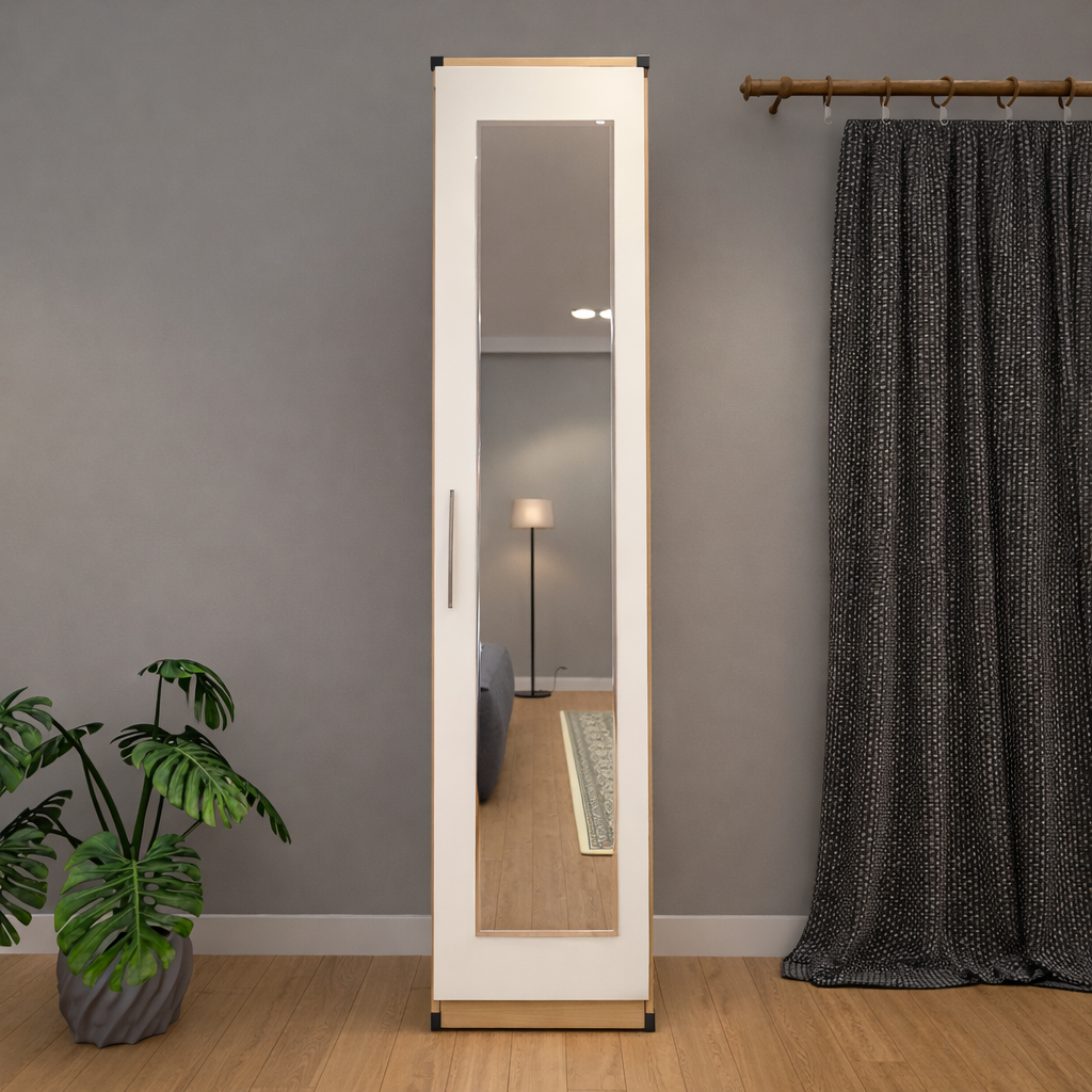 Slim single door mirrored wardrobe for compact bedroom storage