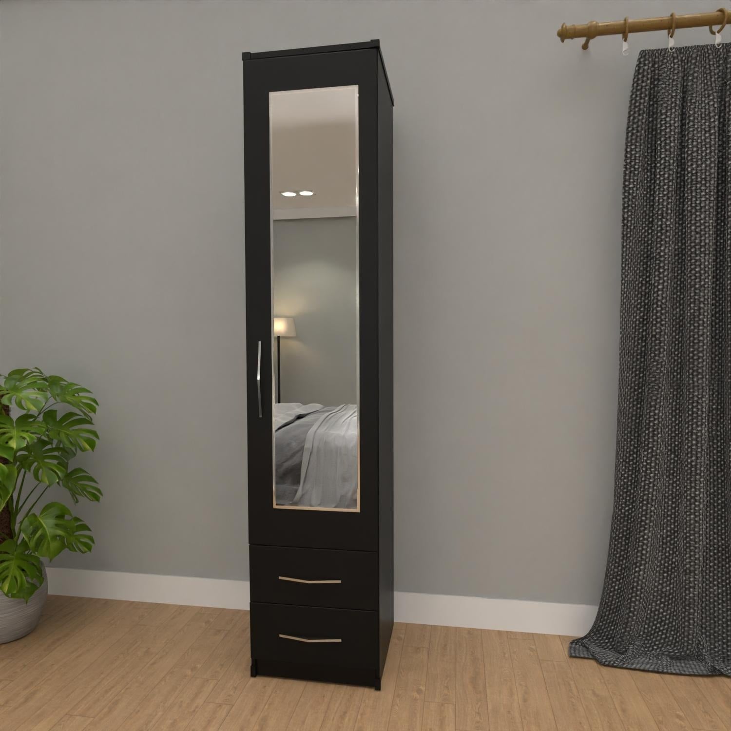 Slim Black 1 door mirrored wardrobe with 2 storage drawers for compact bedrooms