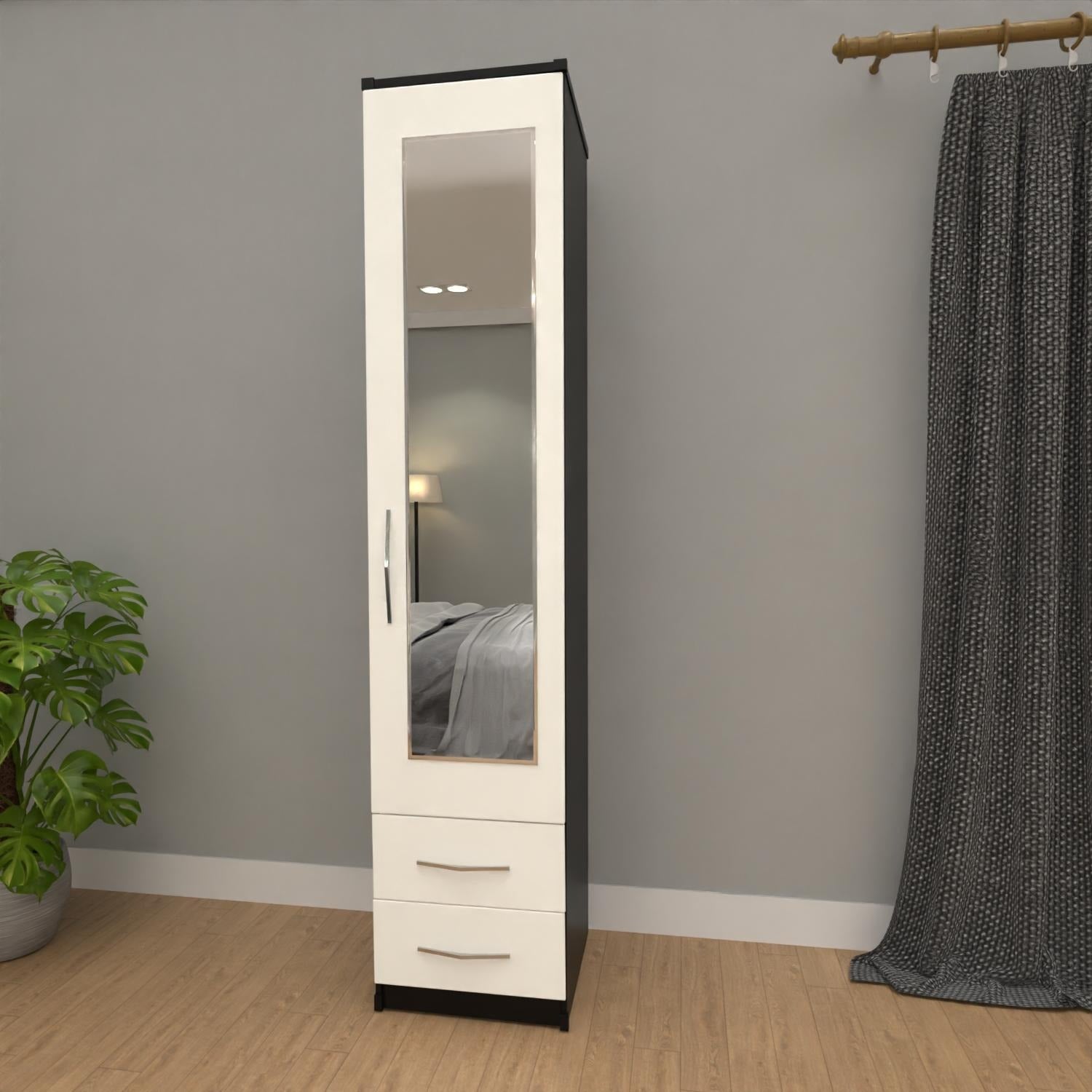 Slim Black & white 1 door mirrored wardrobe with 2 storage drawers for compact bedrooms