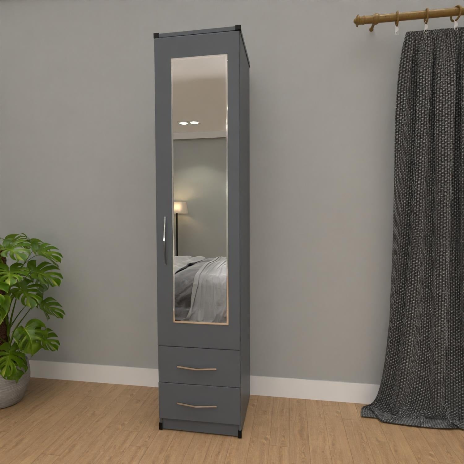 Slim Grey 1 door mirrored wardrobe with 2 storage drawers for compact bedrooms
