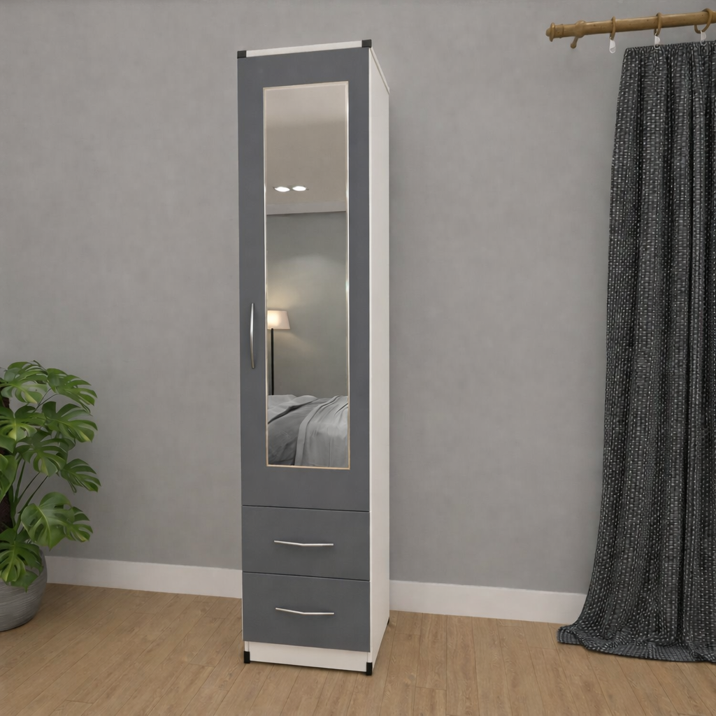 Slim Grey & white 1 door mirrored wardrobe with 2 storage drawers for compact bedrooms